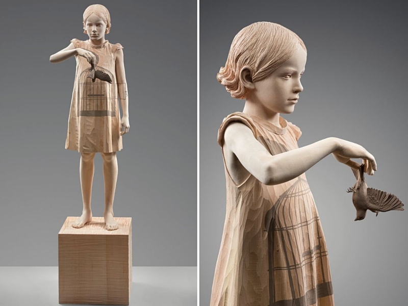 Sculpture, Artisanal Wooden Child Statue, Lifelike Scale, Animal Motifs.