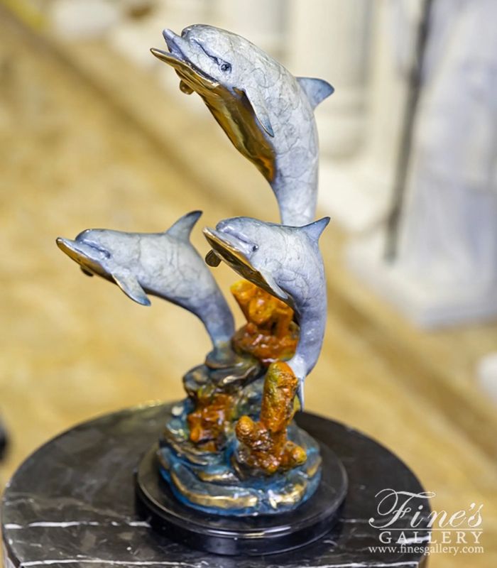 Sculpture Bronze Leaping Pose Triple Dolphin Design Square