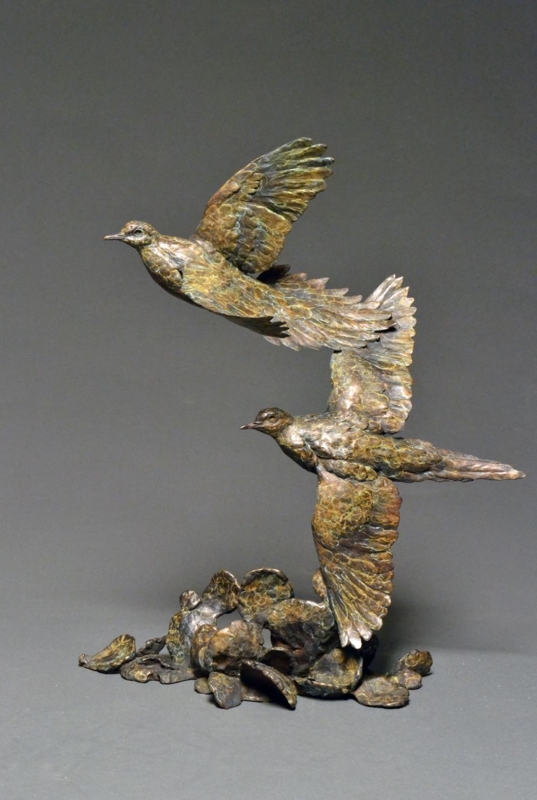 Sculpture Bronze Mourning Dove Prickly Pear Base Verdigris Patina