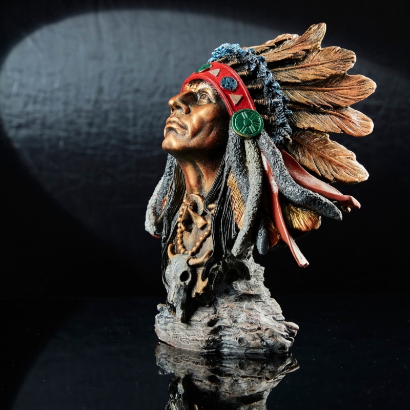 Sculpture Bust Bronze-Toned Feathered Headdress Square Pedestal Decor