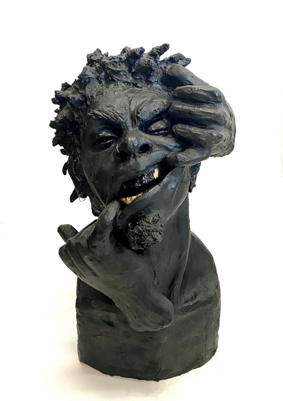 Sculpture Bust: Ceramic with Synthetic Hair and Gold Jewelry.