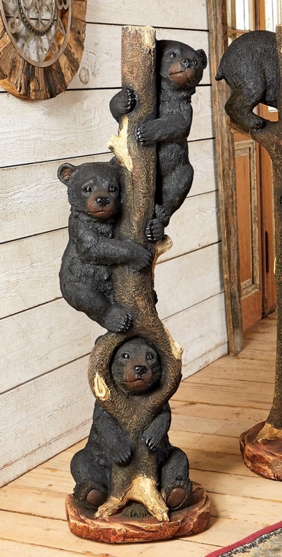 Sculpture, Climbing Bears On Tree Trunk Base, Rustic Textured Finish