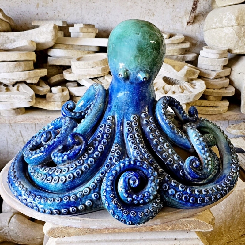 Sculpture Cobalt Blue Glaze Organic Octopus Silhouette Coastal Decor