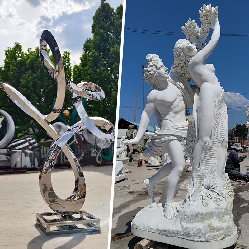 Sculpture Comparison: Modern Geometric Metal vs Classical Figurative Stone