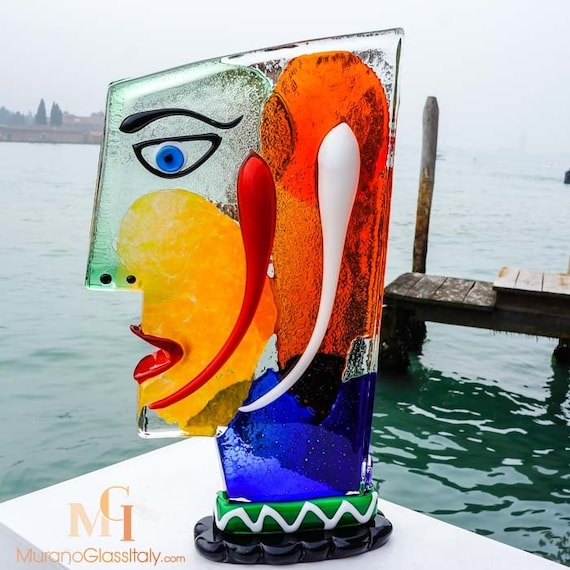 Sculpture, Cubist Face with Multi-Colored Glass