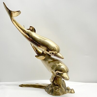 Sculpture Double Dolphin Polished Brass Arched Silhouette Decor