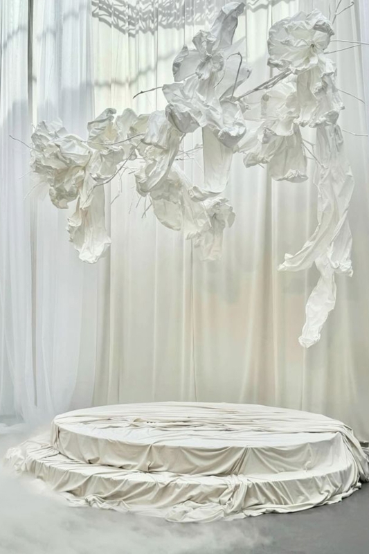 Sculpture Ethereal Draped Fabric Art Cream Pedestal Abstract Minimalist