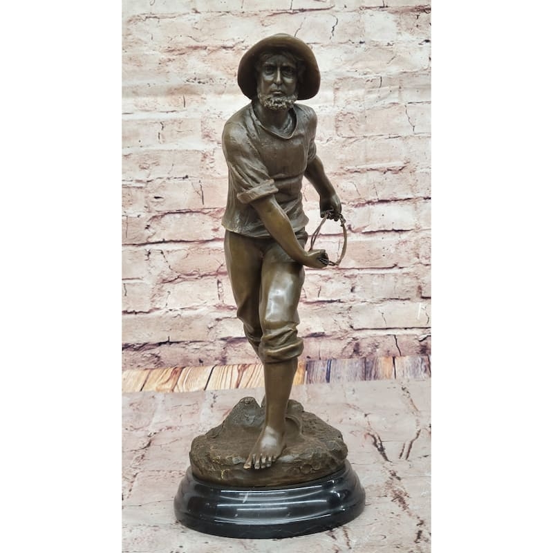Sculpture Fisherman Bronze Finish Marble Like Base Maritime Decor