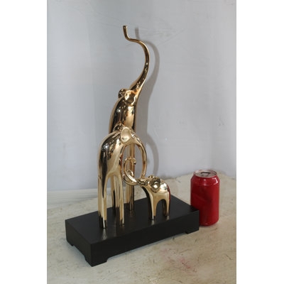 Sculpture Geometric Gold Elephant Family on Black Pedestal Base