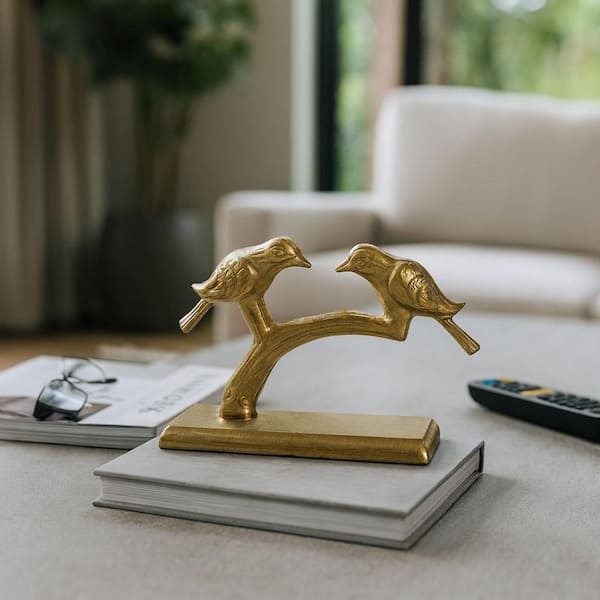 Sculpture Gold Bird Motif Perched Silhouette Brushed Metallic Decor