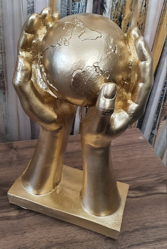 Sculpture Gold Cupped Hands Form Polished Finish Modern Globe Design