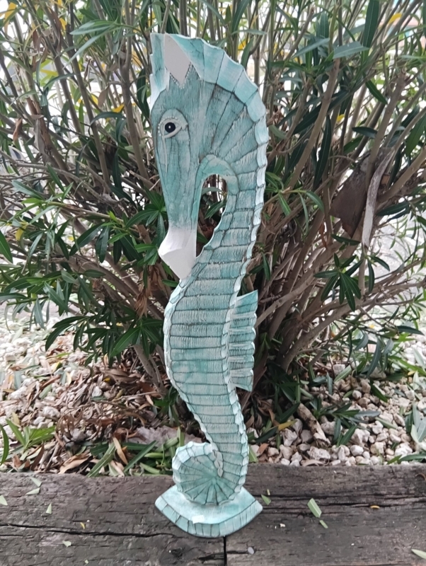 Sculpture: Hand-Carved Seahorse Silhouette with Distressed Teal Finish