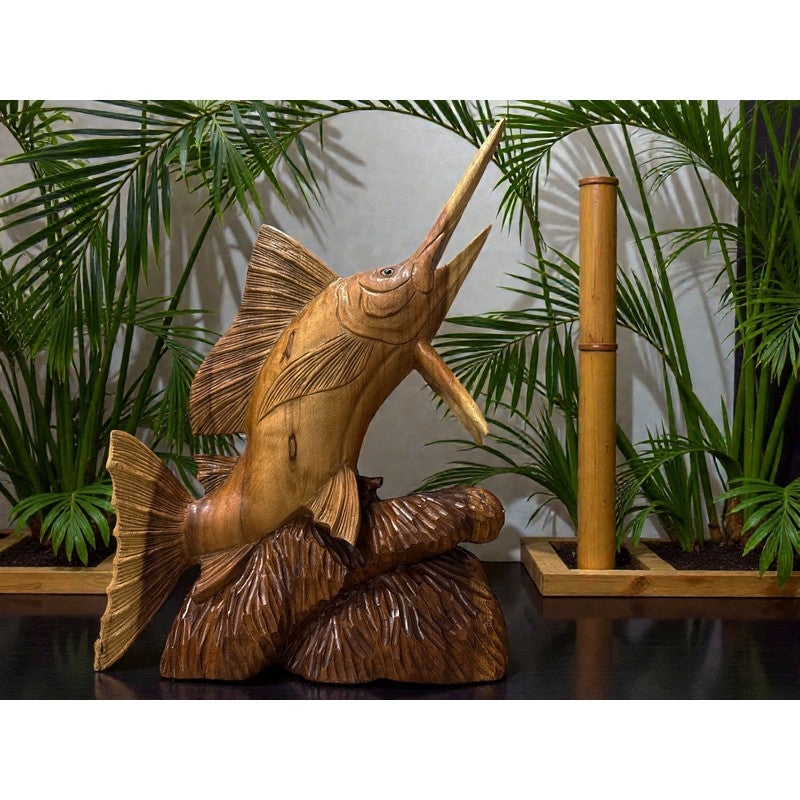 Sculpture Hand Carved Wooden Fish Statue Jumping Pose Carved Waves