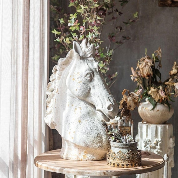Sculpture Horse Bust Crackle Texture Weathered Stone Equestrian Accent