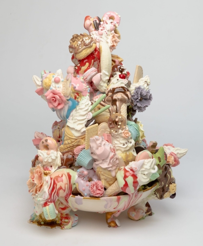 Sculpture Hyper Realistic Food Glossy Ceramic Dessert Metallic Accents