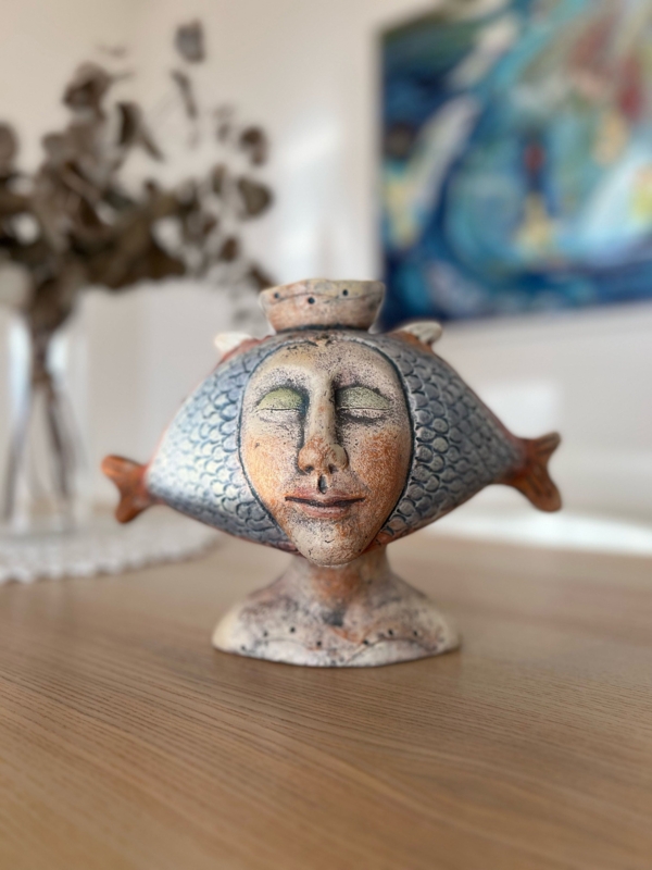 Sculpture Interlocking Fish Speckled Matte Ceramic Organic Modern Decor