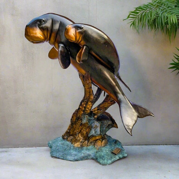 Sculpture Manatee Mother And Calf Decor Dark Metal Wildlife Art Antique