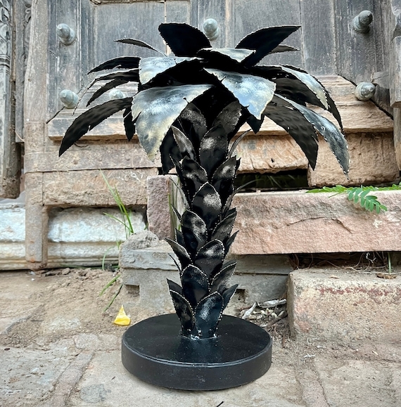 Sculpture Metallic Palm Tree Engraved Details Square Base