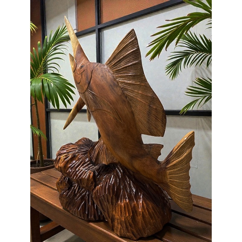 Sculpture Nautical Billfish Office Accent Polished Wood Leaping Pose