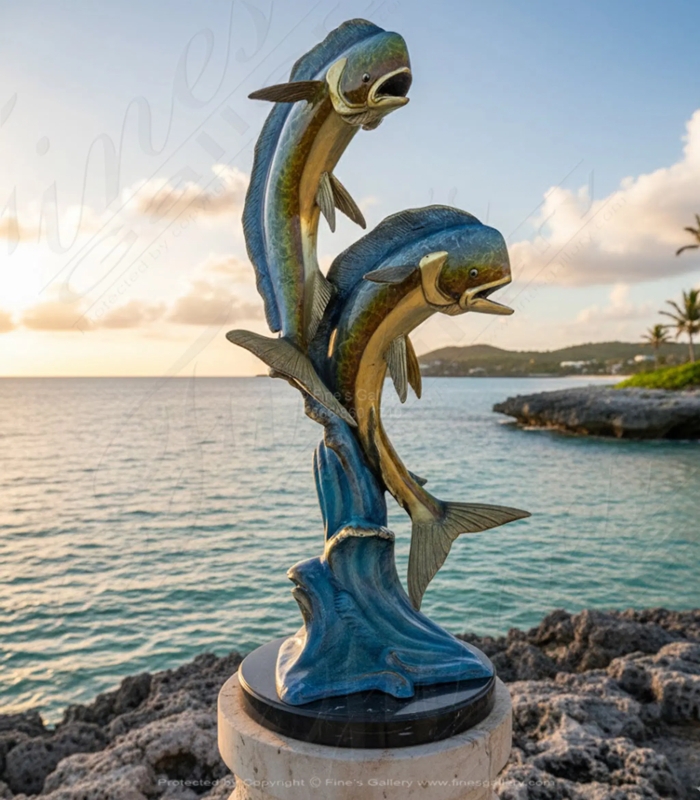 Sculpture Nautical Bronze Dolphin Sculpture Antique Patina Circular Base