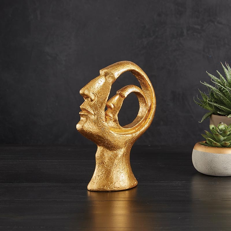 Sculpture of Abstract Modern Dual Faces with Pitted Metallic Finish