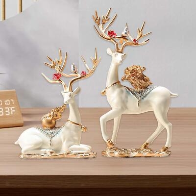 Sculpture Pair Gold Antlers Blue Patterned Details Glam Resin Deer Statue