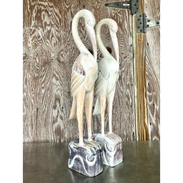 Sculpture Pair Hand Carved Wood Crane Motif Mid Century Modern