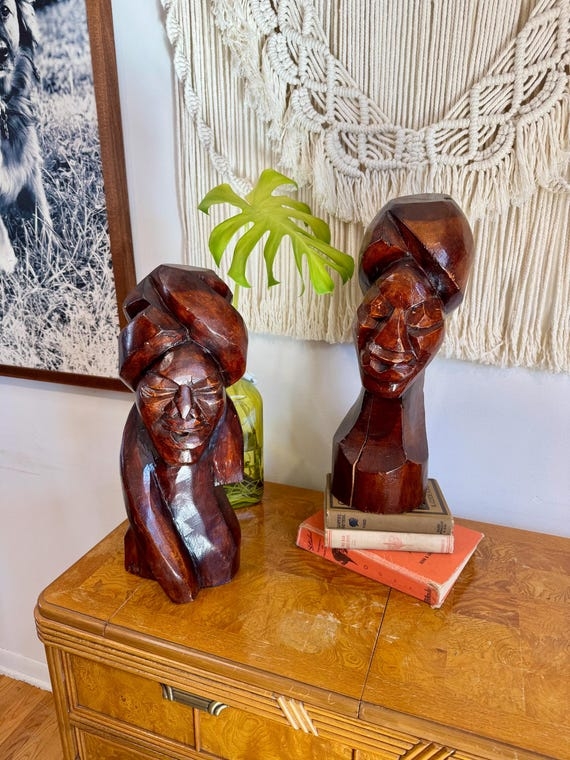 Sculpture Pair Hand Carved Wood Elongated Neck Silhouette Polished Busts