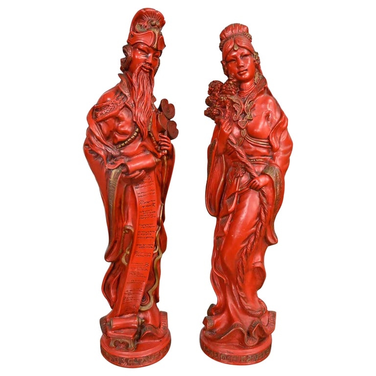 Sculpture Pair Large Faux Cinnabar Figures, Asian Chinoiserie Style