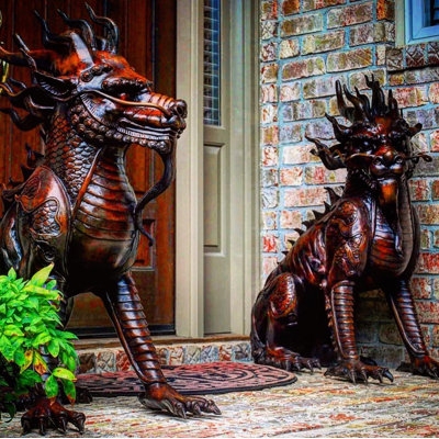 Sculpture Pair Mythological Dragons Antique Bronze Intricate Texture