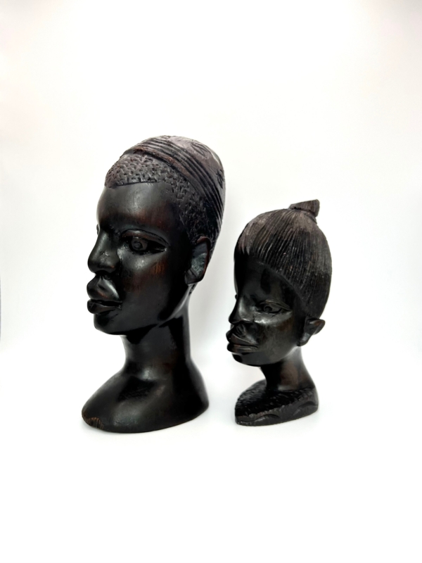Sculpture Pair: Polished Ebony Toned Busts with Elongated Necks.