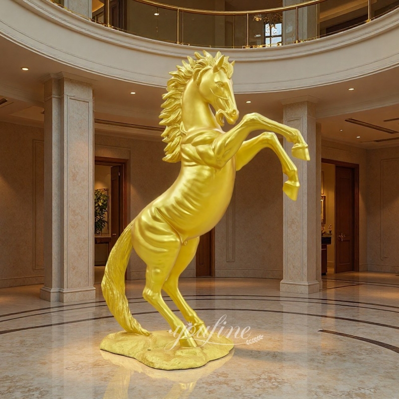 Sculpture Polished Brass Finish Dynamic Rearing Pose Luxury Horse Art