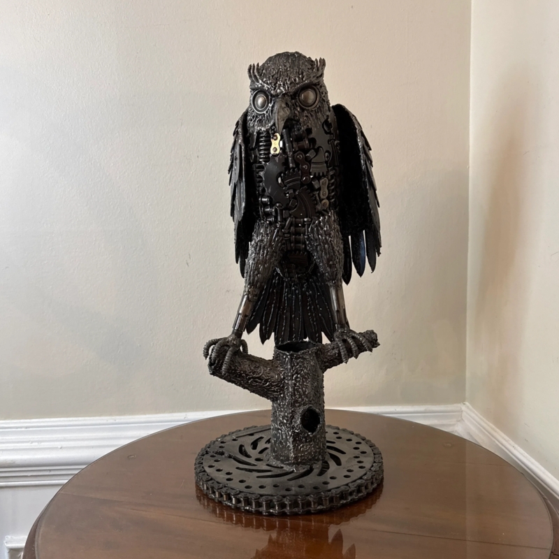Sculpture Recycled Metal Owl Gear Eyes Wood Base Industrial