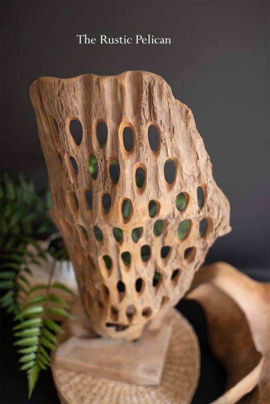 Sculpture: Rough-Hewn Wood Block with Organic Cutout on Pedestal Base