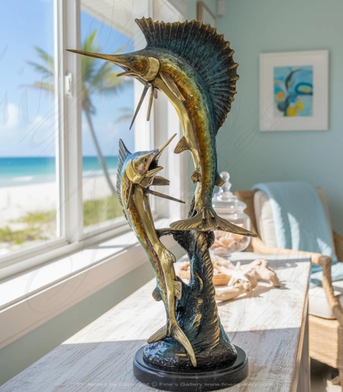 Sculpture Sailfish Leaping Pose Textured Fin Bronze Coastal Decor