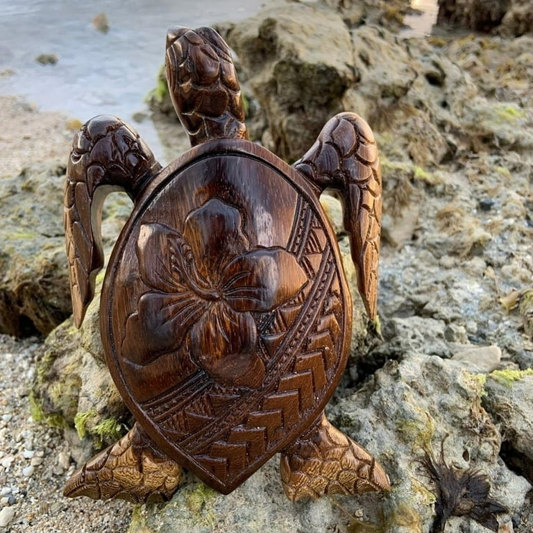 Sculpture Sea Turtle Variegated Grain Wood Toned Coastal Shelf Decor