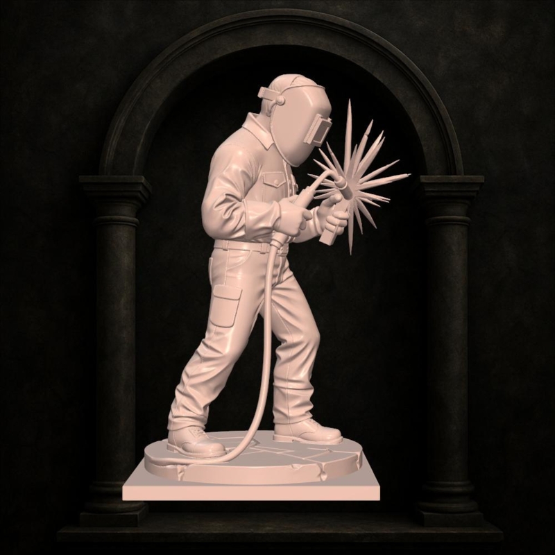 Sculpture Seated Welder Cast Stone Look Industrial Monochromatic
