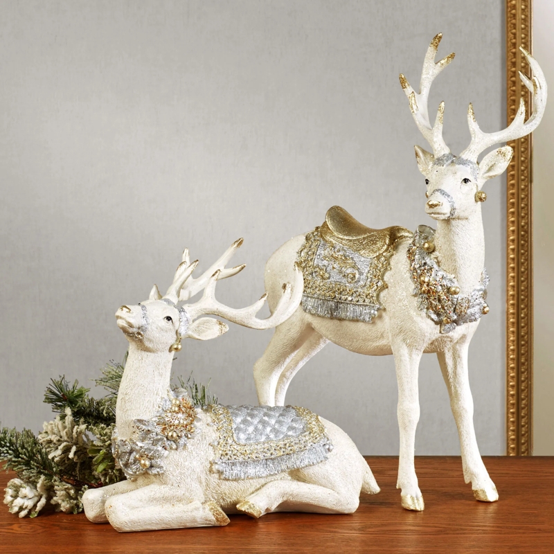 Sculpture Set Gold Hooves Dual Pose Creamy Off White Finish Elegant Holiday