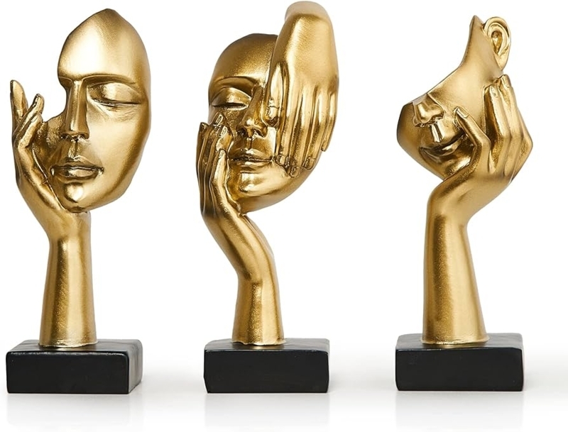 Sculpture Set of 3 Matte Gold Abstract Thinker Statues