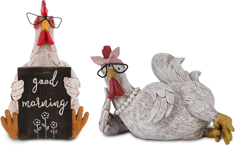 Sculpture Set Rooster Hen Distressed Resin Rustic Farmhouse Decor