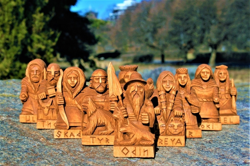 Sculpture Set with Etched Texture, Handcrafted Wooden Norse Gods