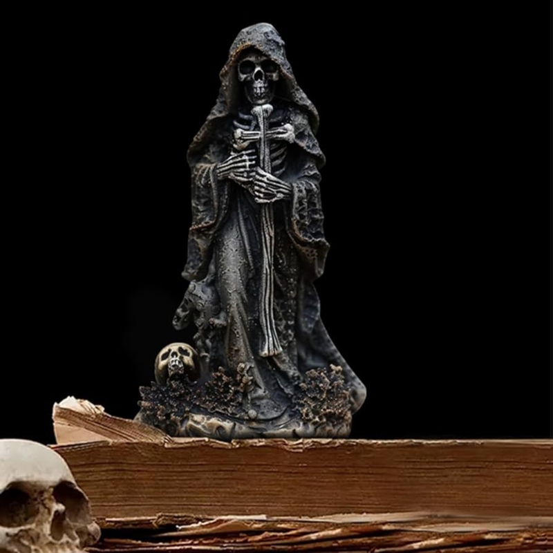 Sculpture Skeleton Thinker Pose, Skull Base, Aged Bone Finish, Gothic Decor