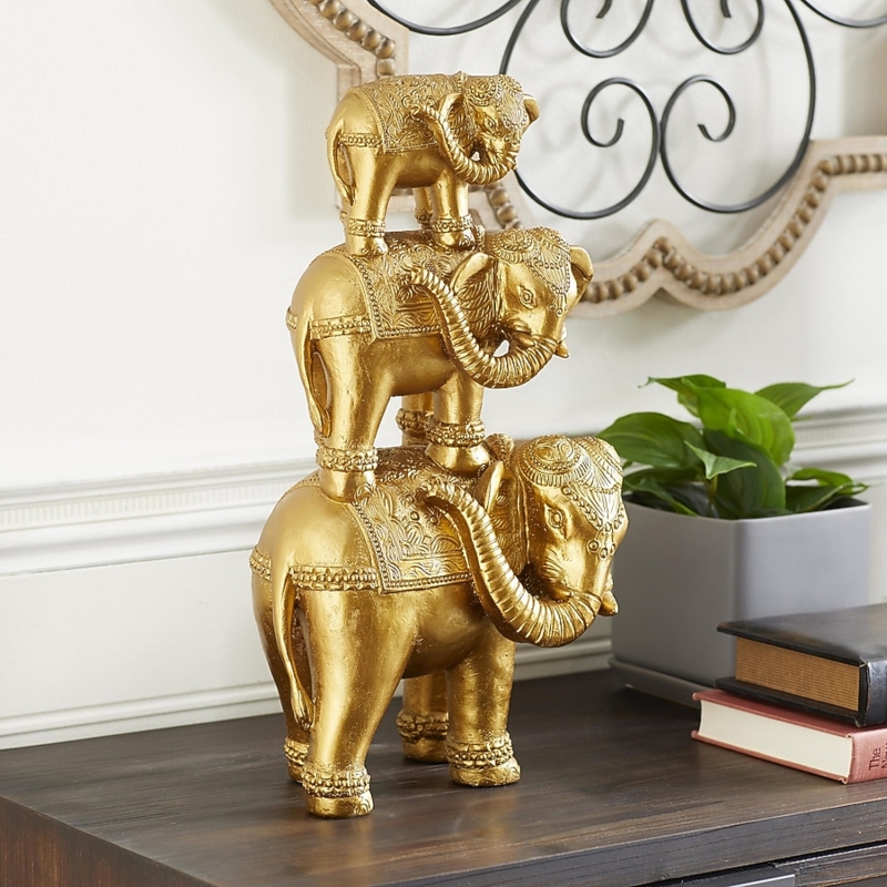 Sculpture Stacked Elephants Pitted Finish Raised Trunks Black Base