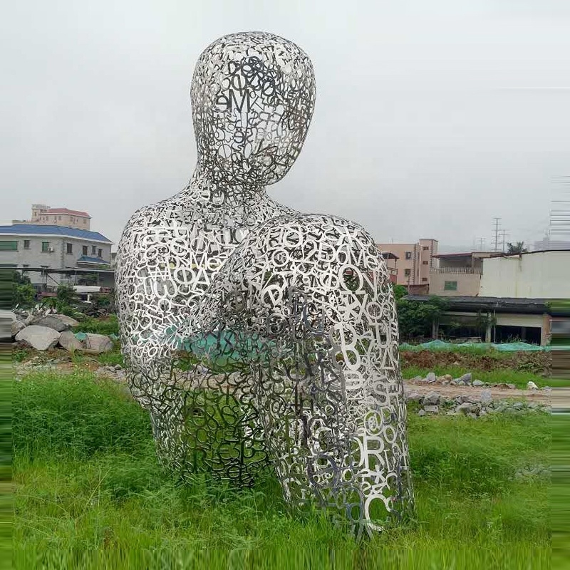 Sculpture Stainless Steel Hollow Seated Figure Modern Garden Art
