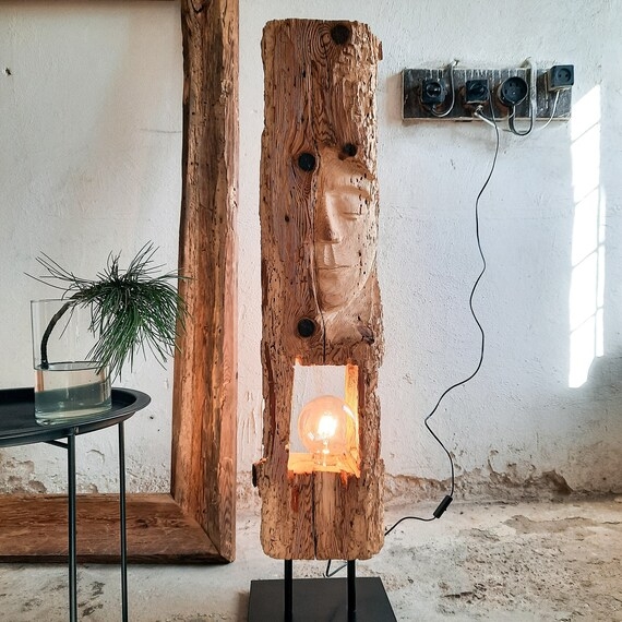 Sculpture Stylized Face Carving Weathered Wabi Sabi Wood