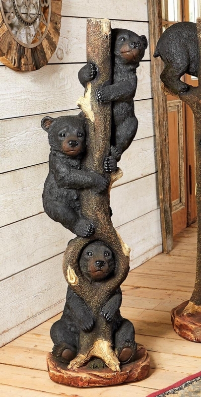 Sculpture Three Bear Motif on Textured Trunk Woodland Theme Decor