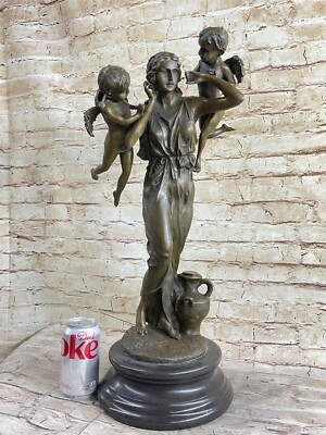 Sculpture Tiered Stone-Like Base Bronze Patina Classical Mother Child
