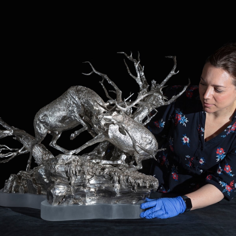 Sculpture Traditional Stags with Locked Antlers on Ornate Metallic Base