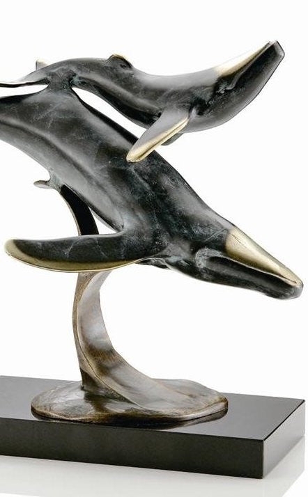 Sculpture Whale Mother and Calf Antique Brass Finish Coastal Decor