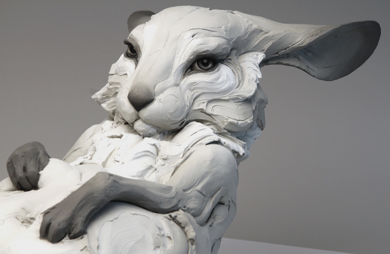 Sculpture with White Facial Mask: Artisanal Grey Wolf Statue